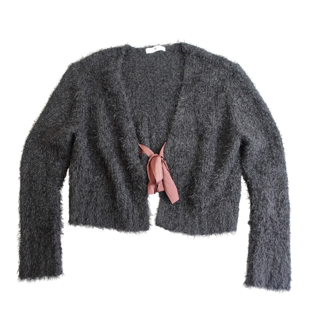 Natural Life Fuzzy Cropped Cardigan Tie Front Bolero L/XL Black Faux Fur Shrug